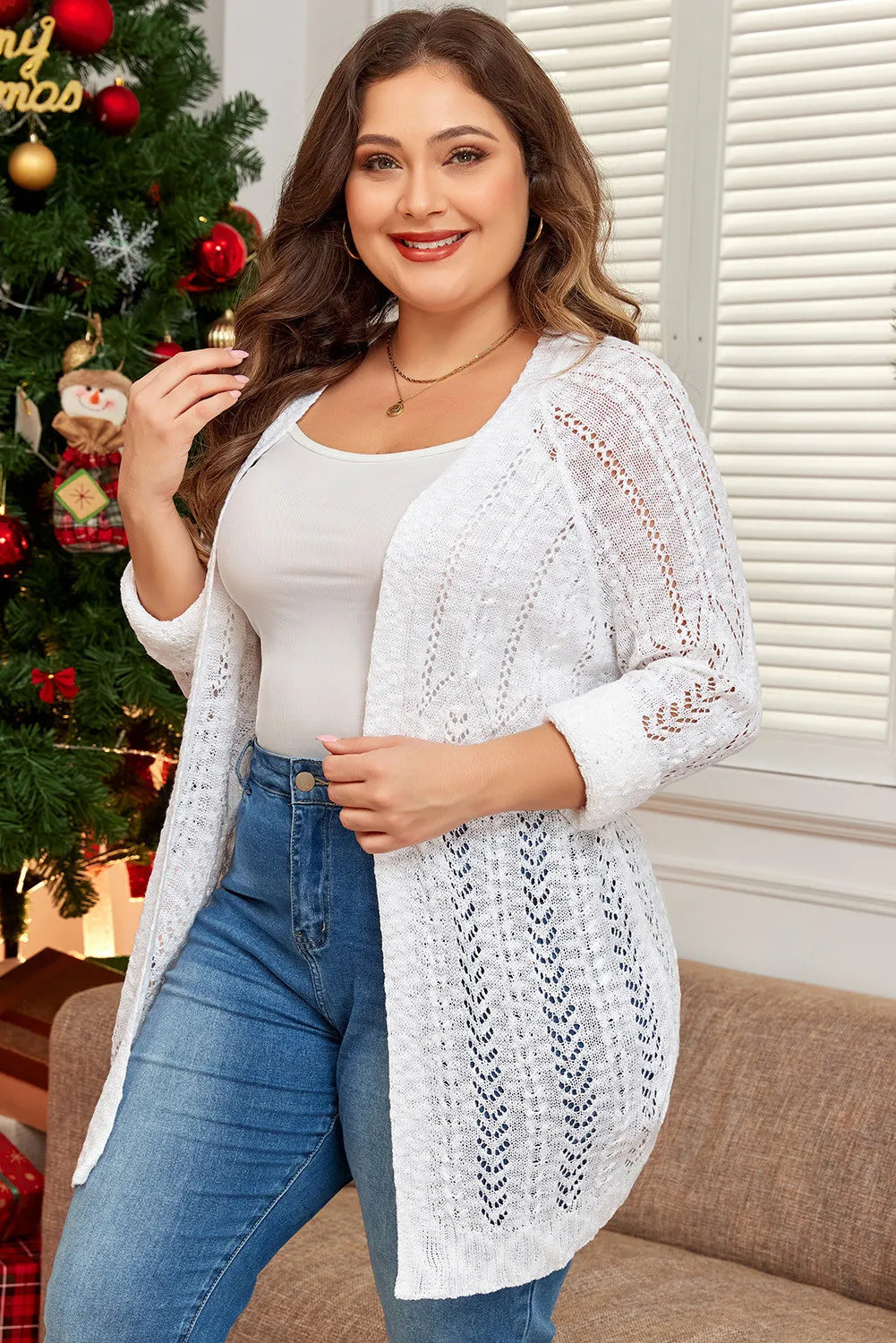 Plus Size Openwork Open Front Long Sleeve Cardigan - The Goddess Galleries