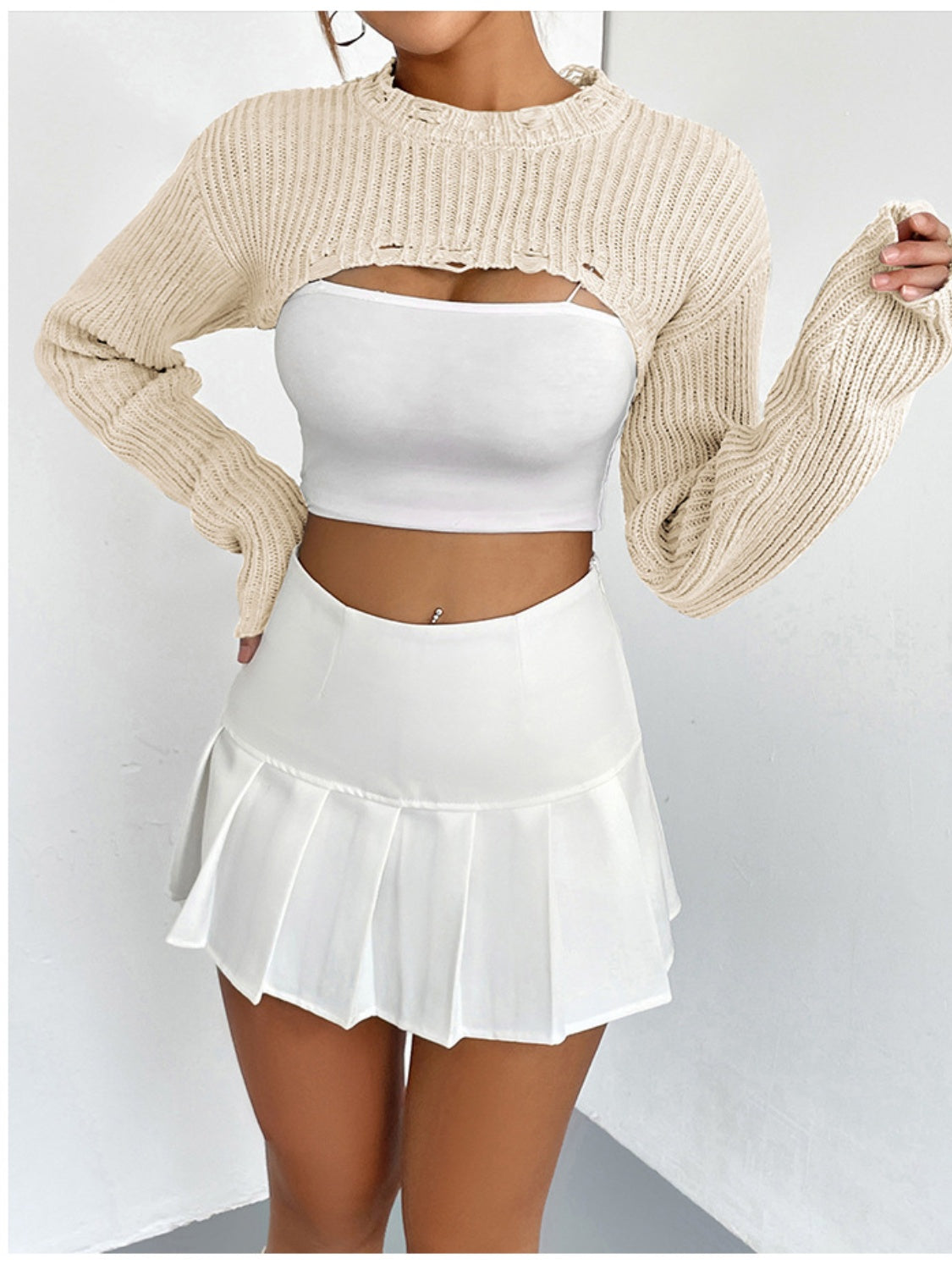Distressed Long Sleeve Cropped Sweater - The Goddess Galleries