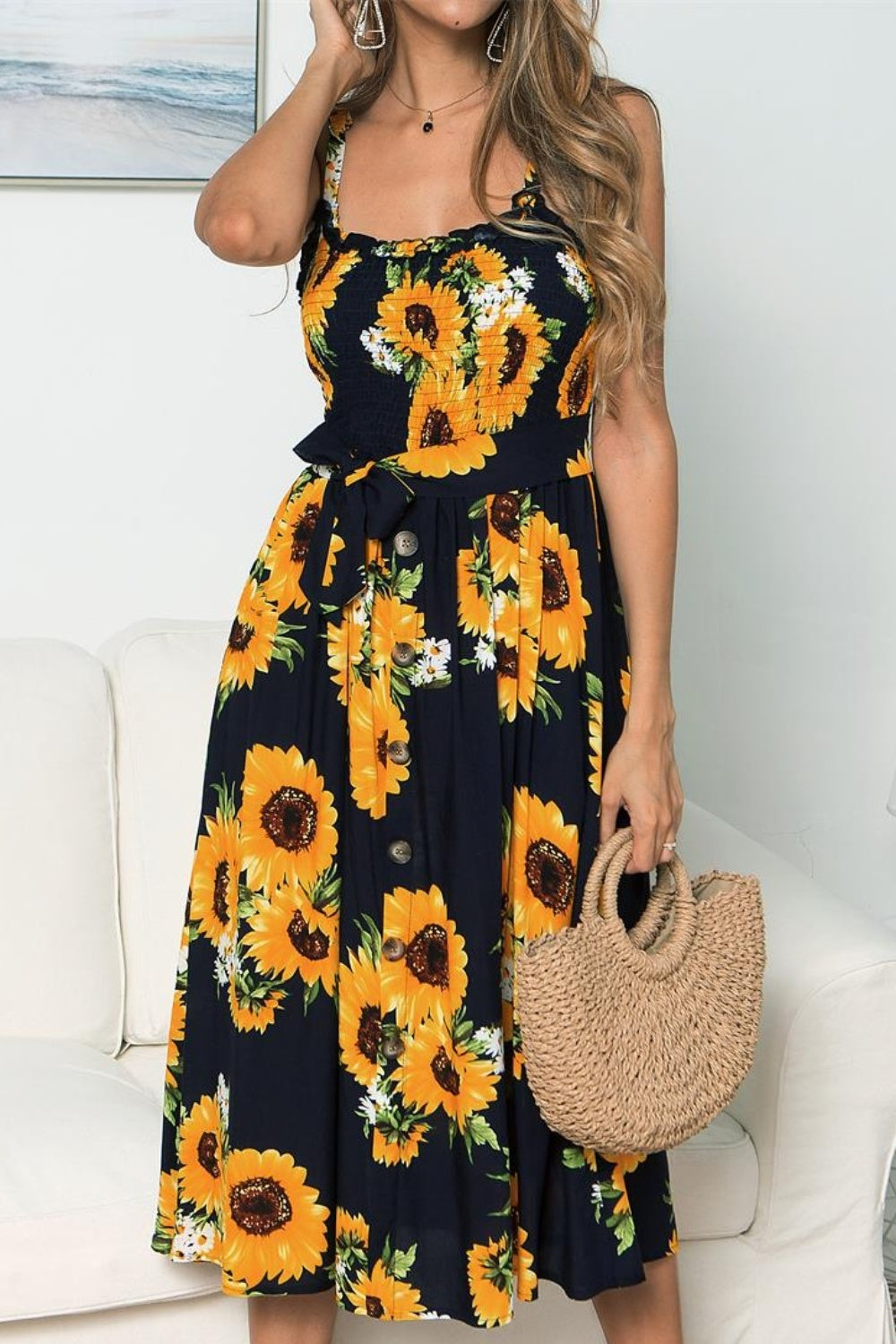 Smocked Sunflower Printed Sleeveless Cami Dress - The Goddess Galleries