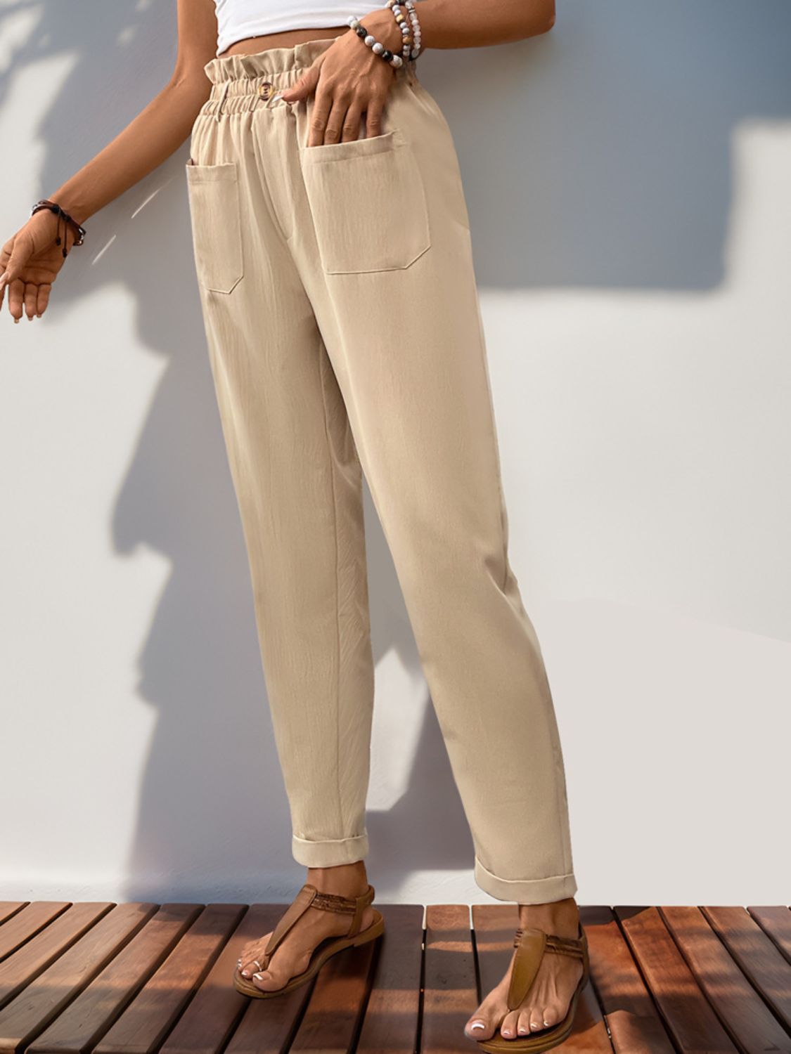 Perfee Frill High Waist Pants with Pockets - The Goddess Galleries
