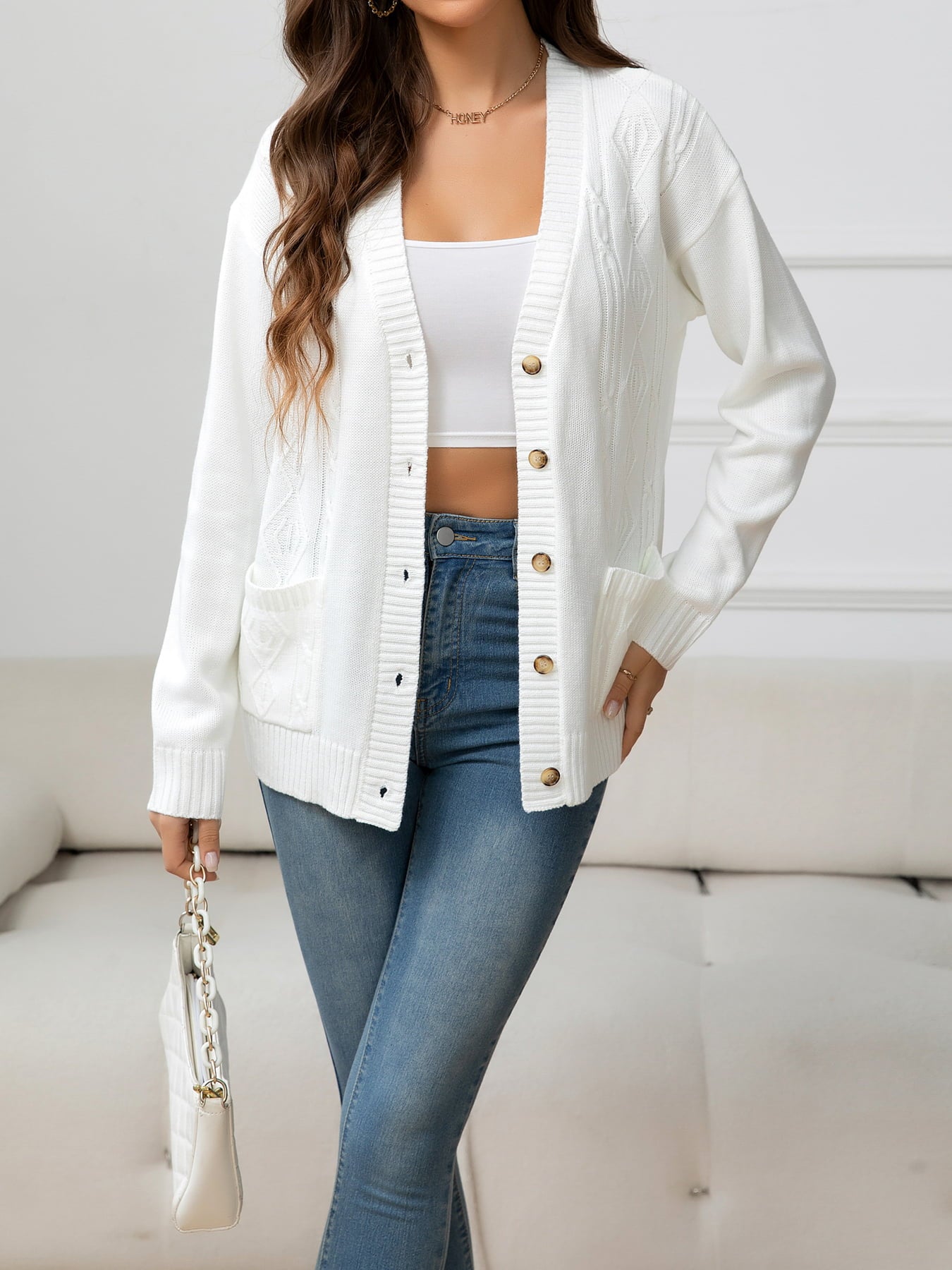 V-Neck Long Sleeve Buttoned Knit Top with Pocket - The Goddess Galleries