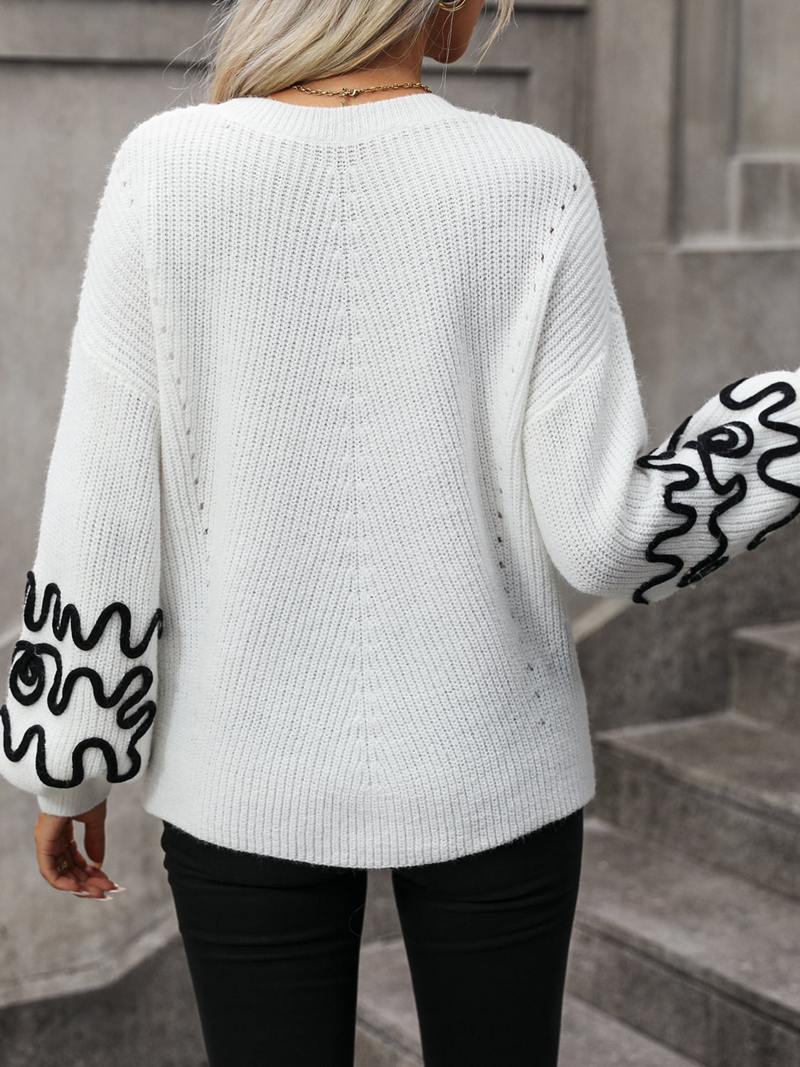 Contrast Drop Shoulder Round Neck Sweater - The Goddess Galleries