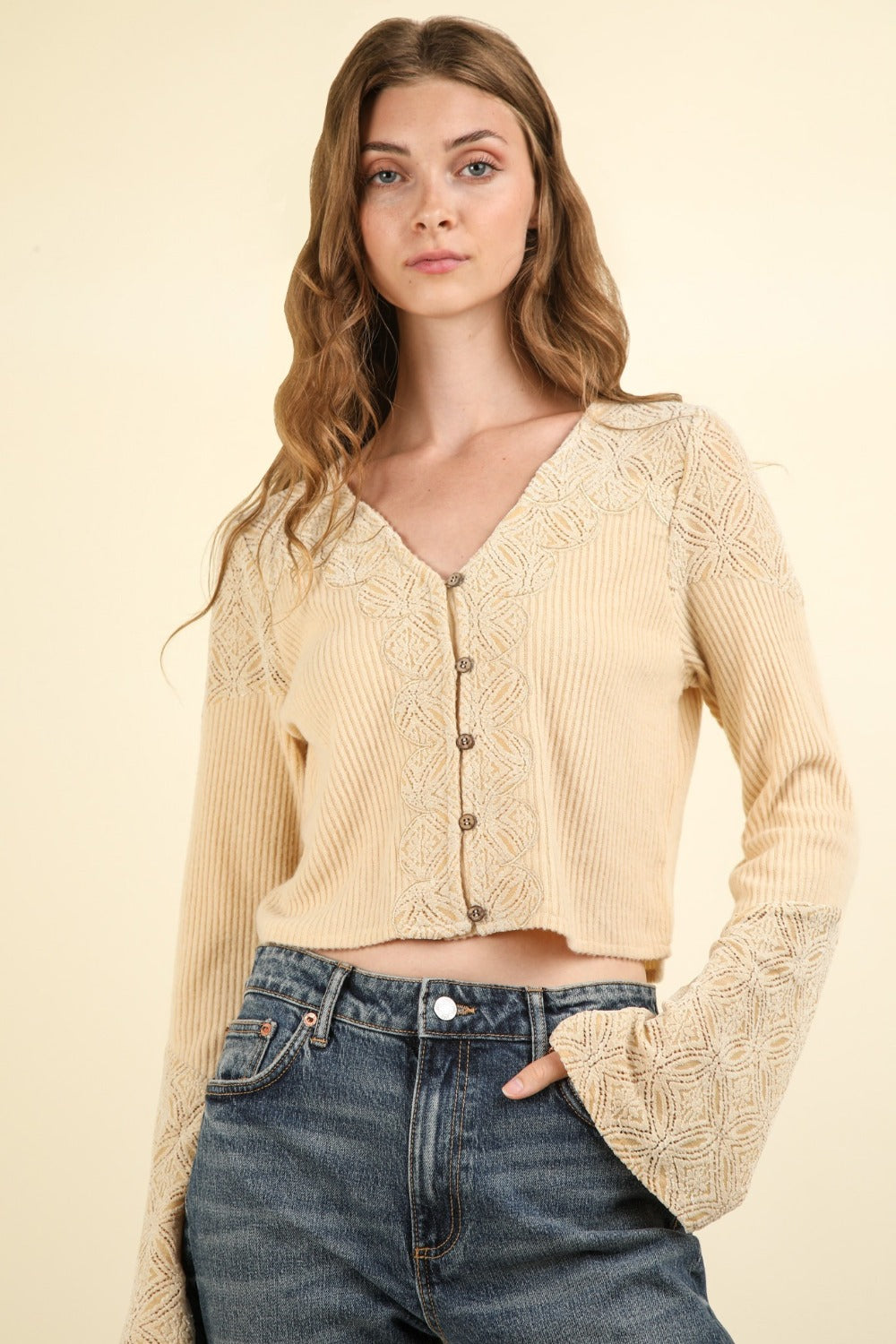 VERY J V-Neck Lace Detail Button Down Crop Ribbed Knit Top - The Goddess Galleries