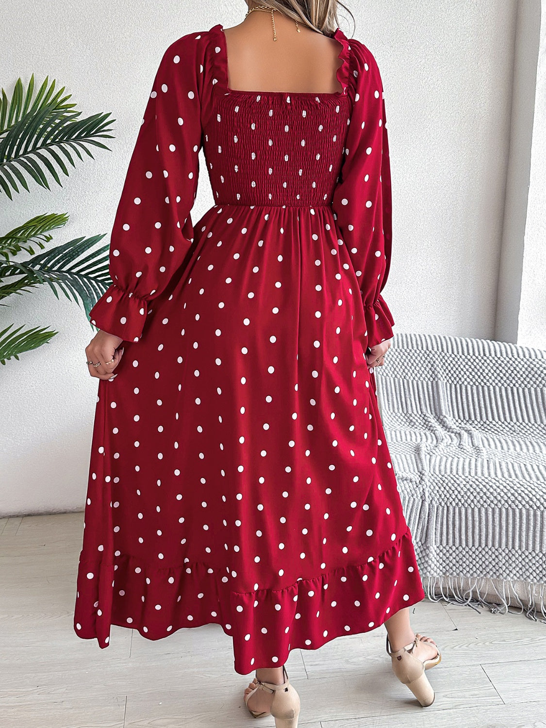 Polka Dot Flounce Sleeve Midi Dress - The Goddess Galleries