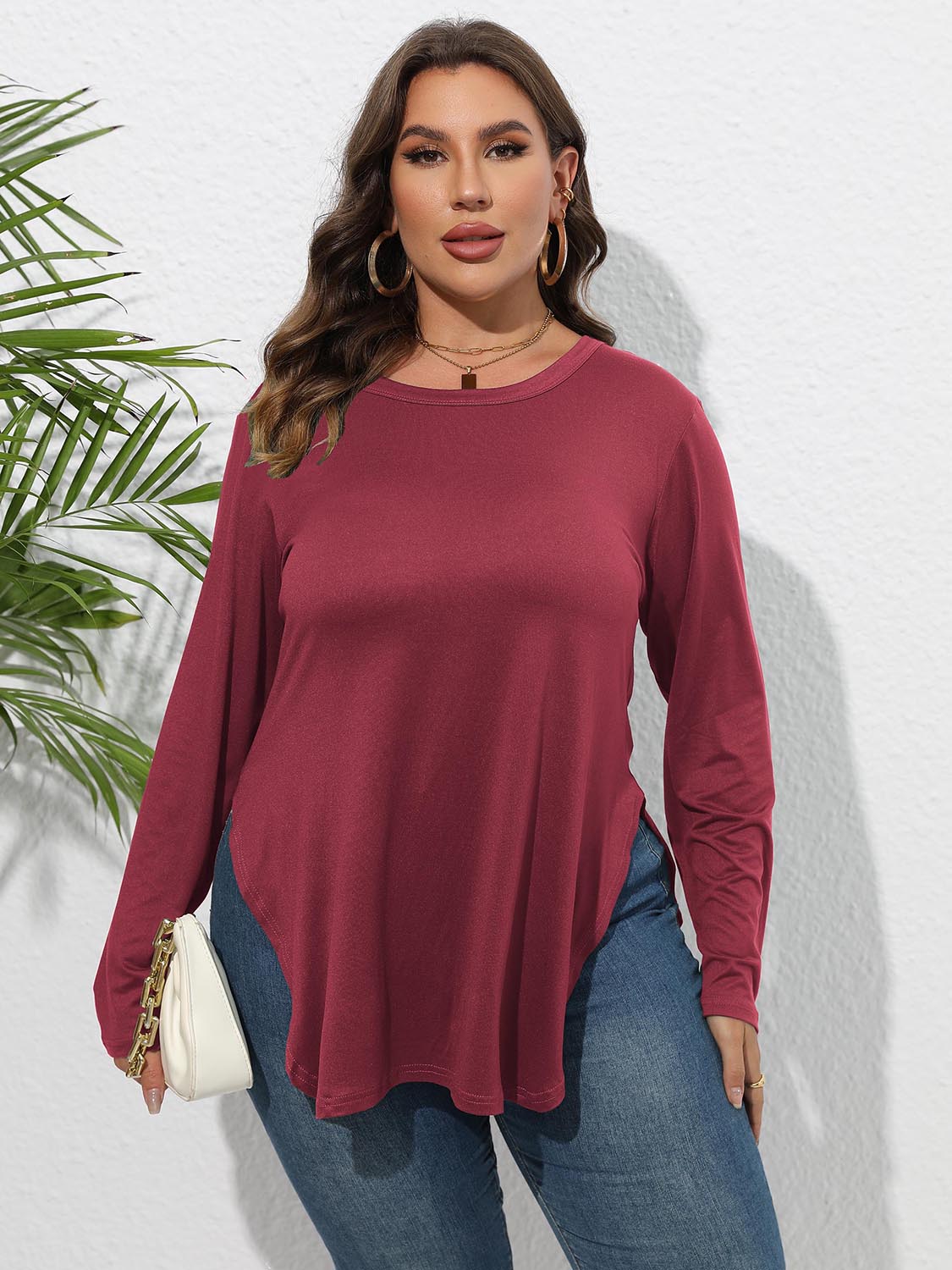 Plus Size Round Neck Long Sleeve Slit T-Shirt - The Goddess Galleries