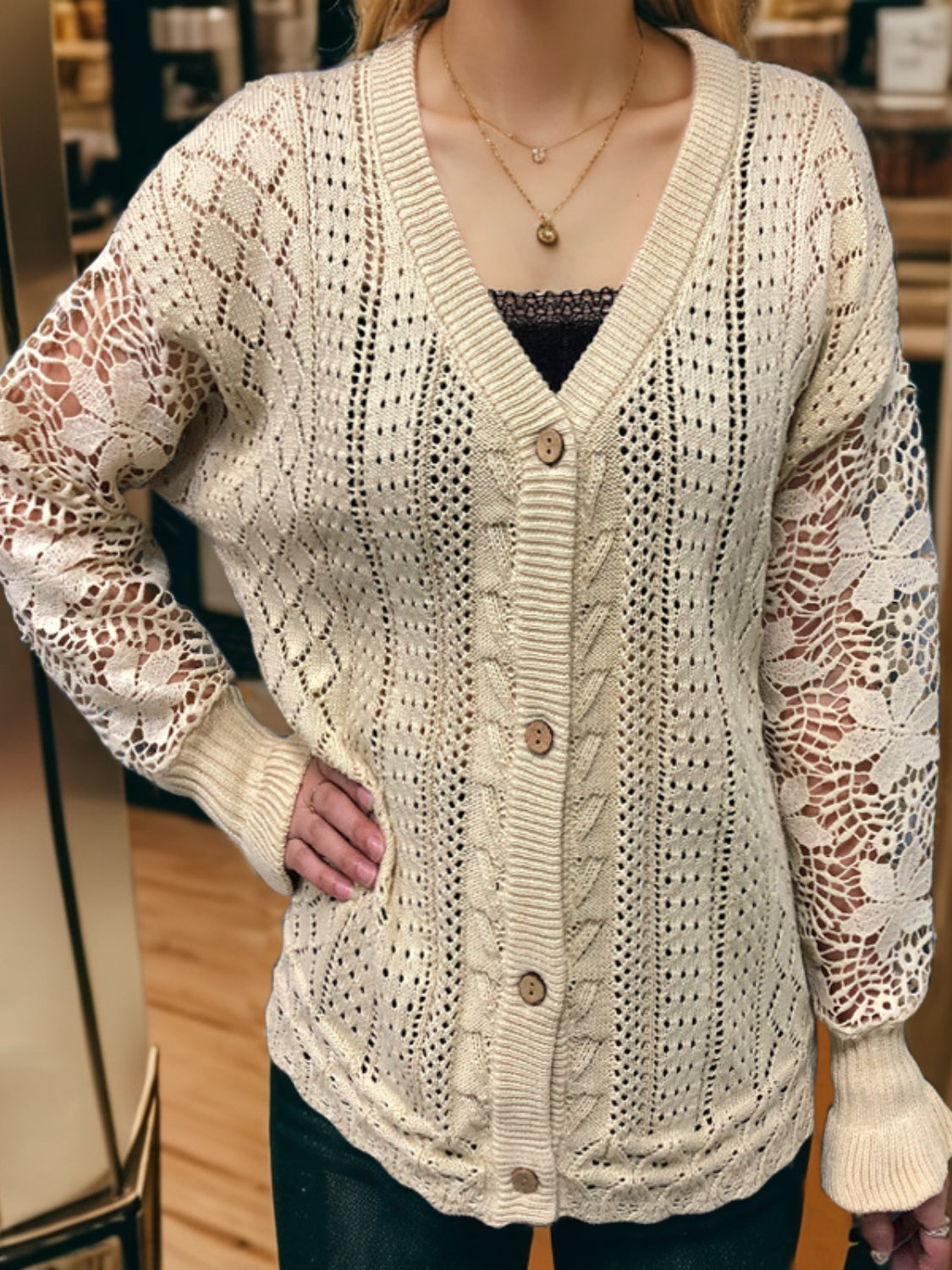 Eyelet Button Up Lantern Sleeve Cardigan - The Goddess Galleries