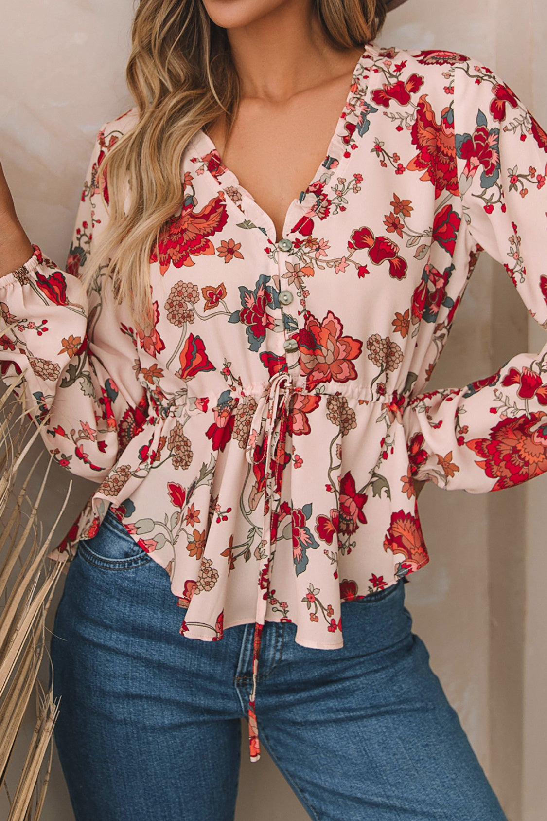Floral V-Neck Drawstring Peplum Blouse - The Goddess Galleries