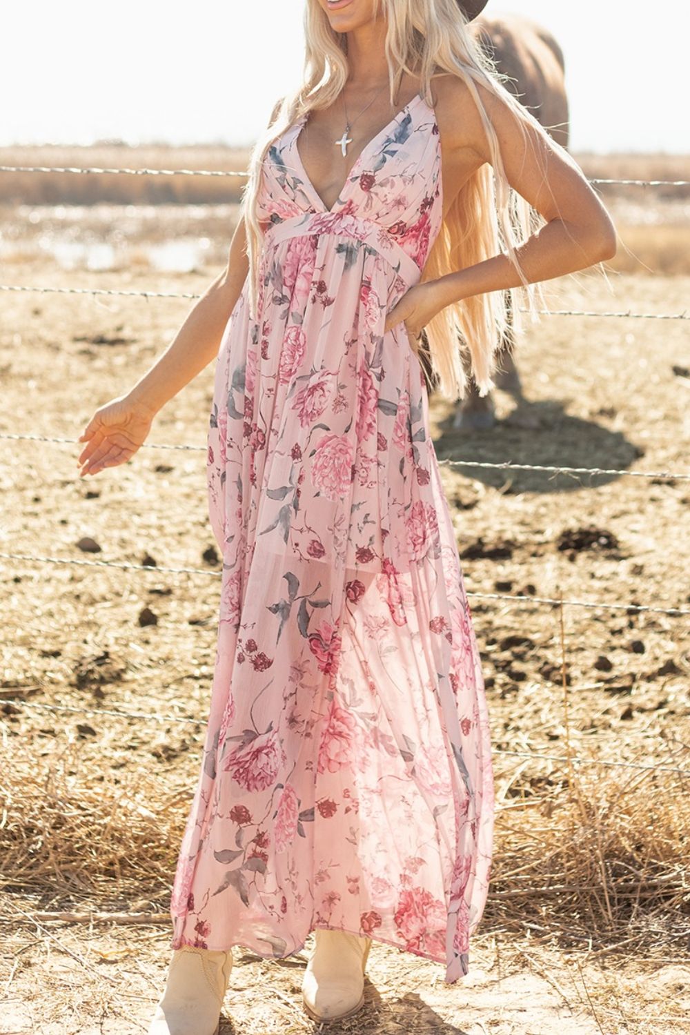 Floral Pleated Deep V Backless Maxi Dress - The Goddess Galleries