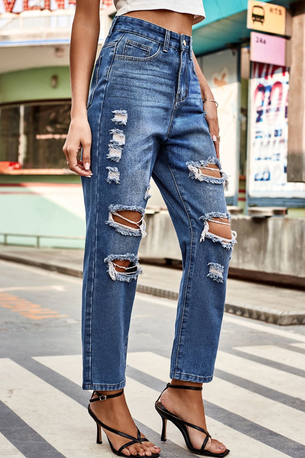 Distressed High Waist Straight Jeans - The Goddess Galleries