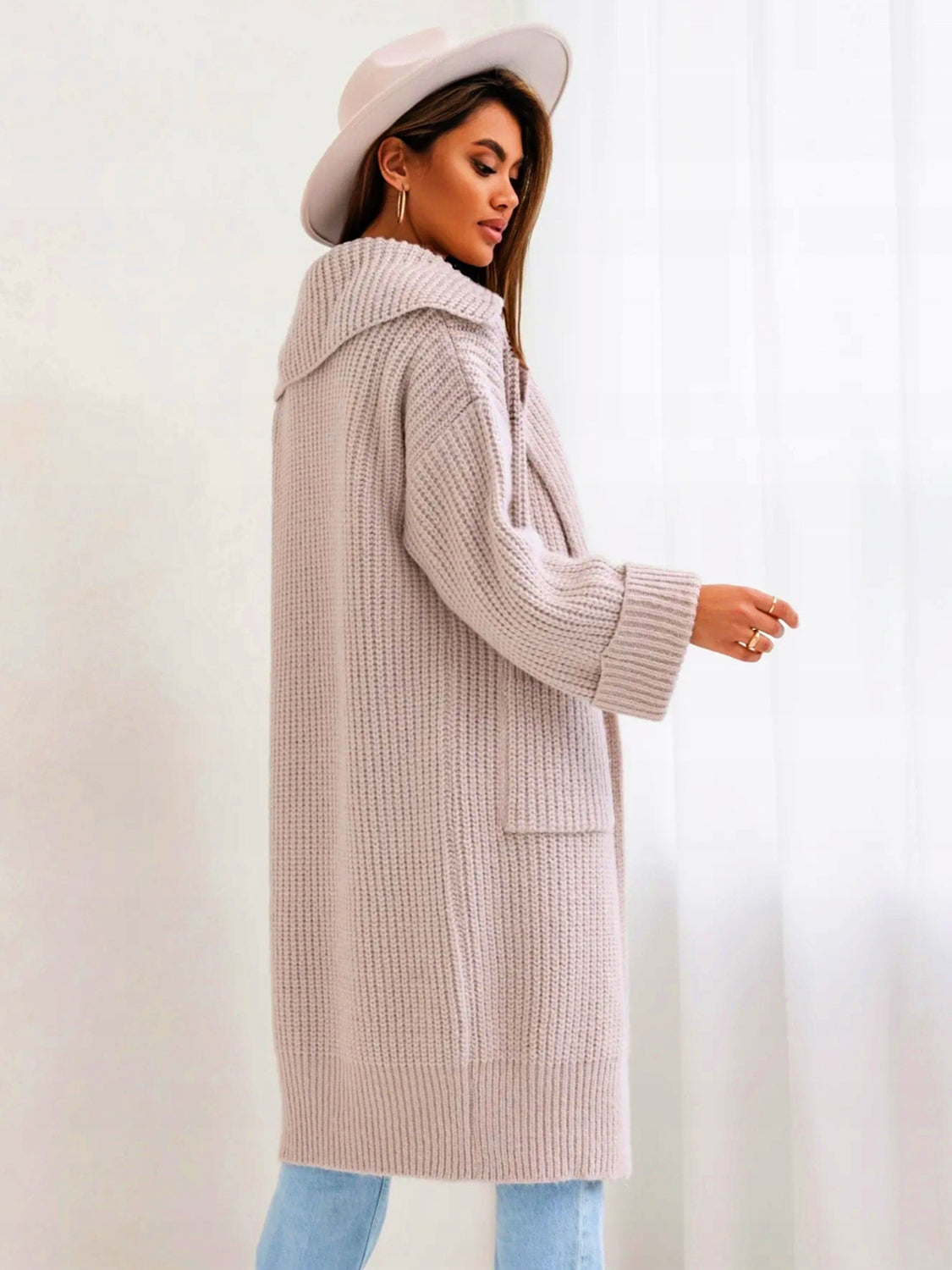 Pocketed Collared Neck Dropped Shoulder Cardigan - The Goddess Galleries