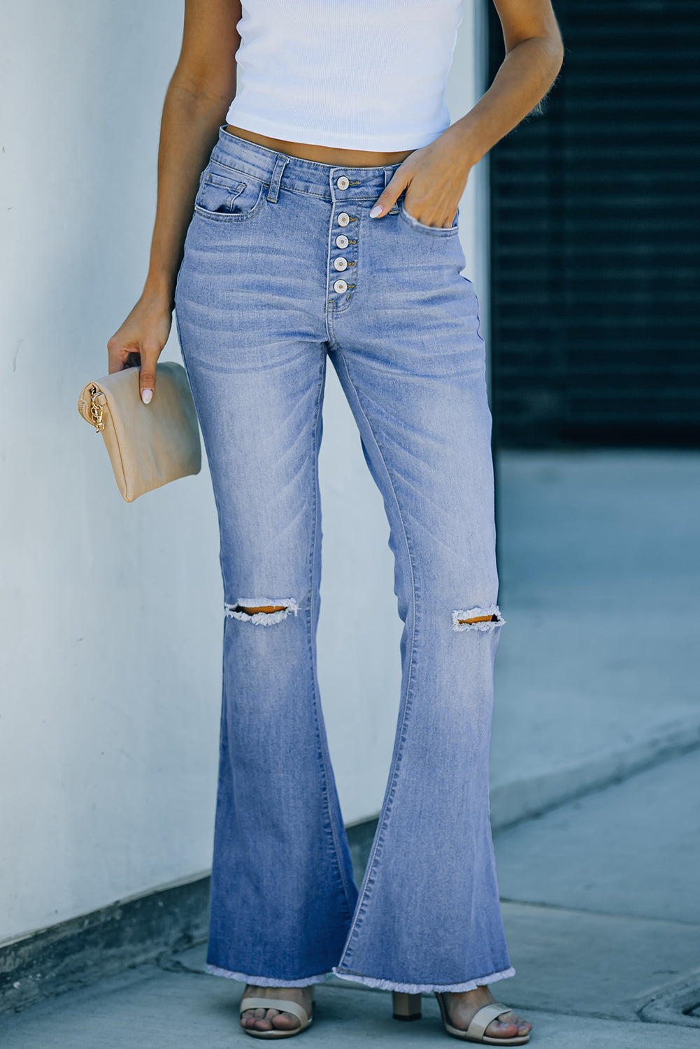 Button-Fly Distressed Raw Hem Flare Jeans - The Goddess Galleries