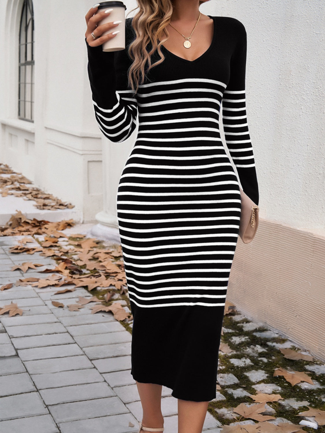 Devine Striped V-Neck Long Sleeve Sweater Dress - The Goddess Galleries