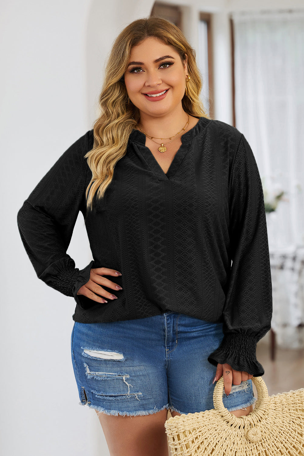 Plus Size Eyelet Notched Flounce Sleeve Blouse - The Goddess Galleries