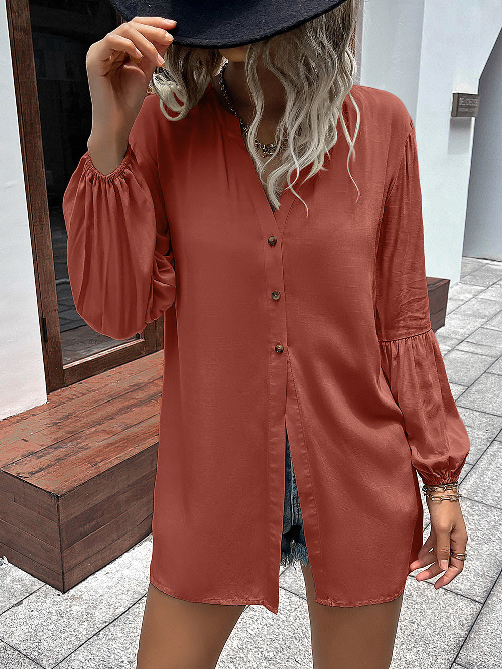 Ivy Lane Notched Neck Balloon Sleeve Shirt - The Goddess Galleries