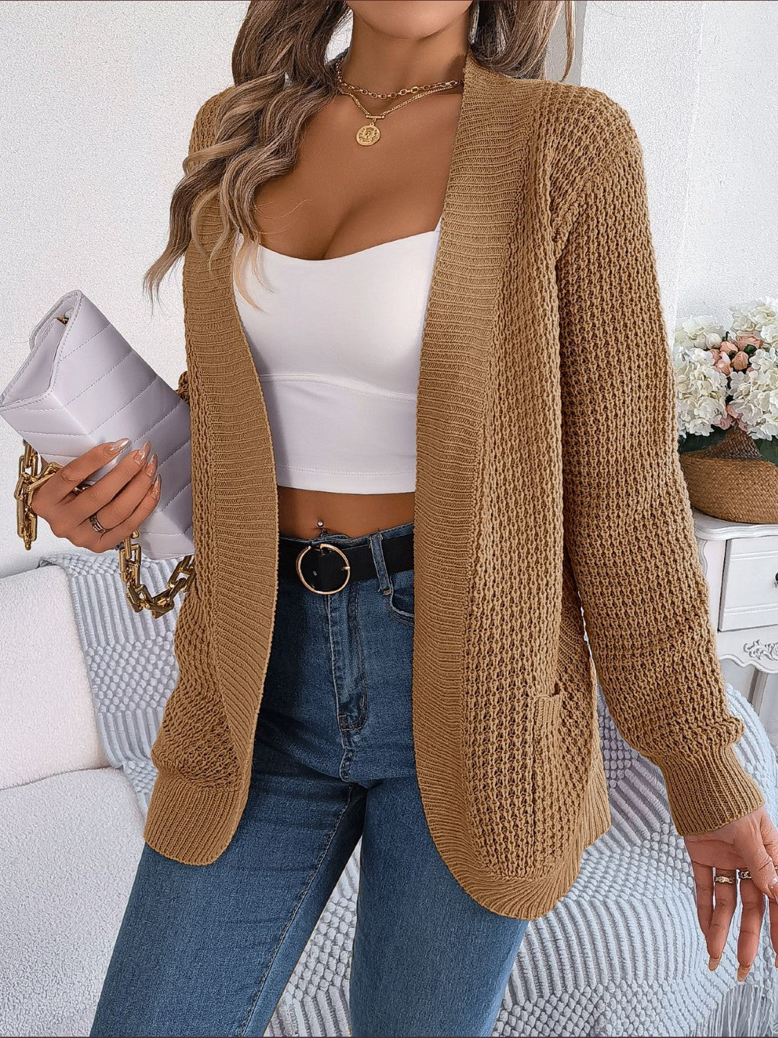 Open Front Long Sleeve Cardigan with Pockets - The Goddess Galleries