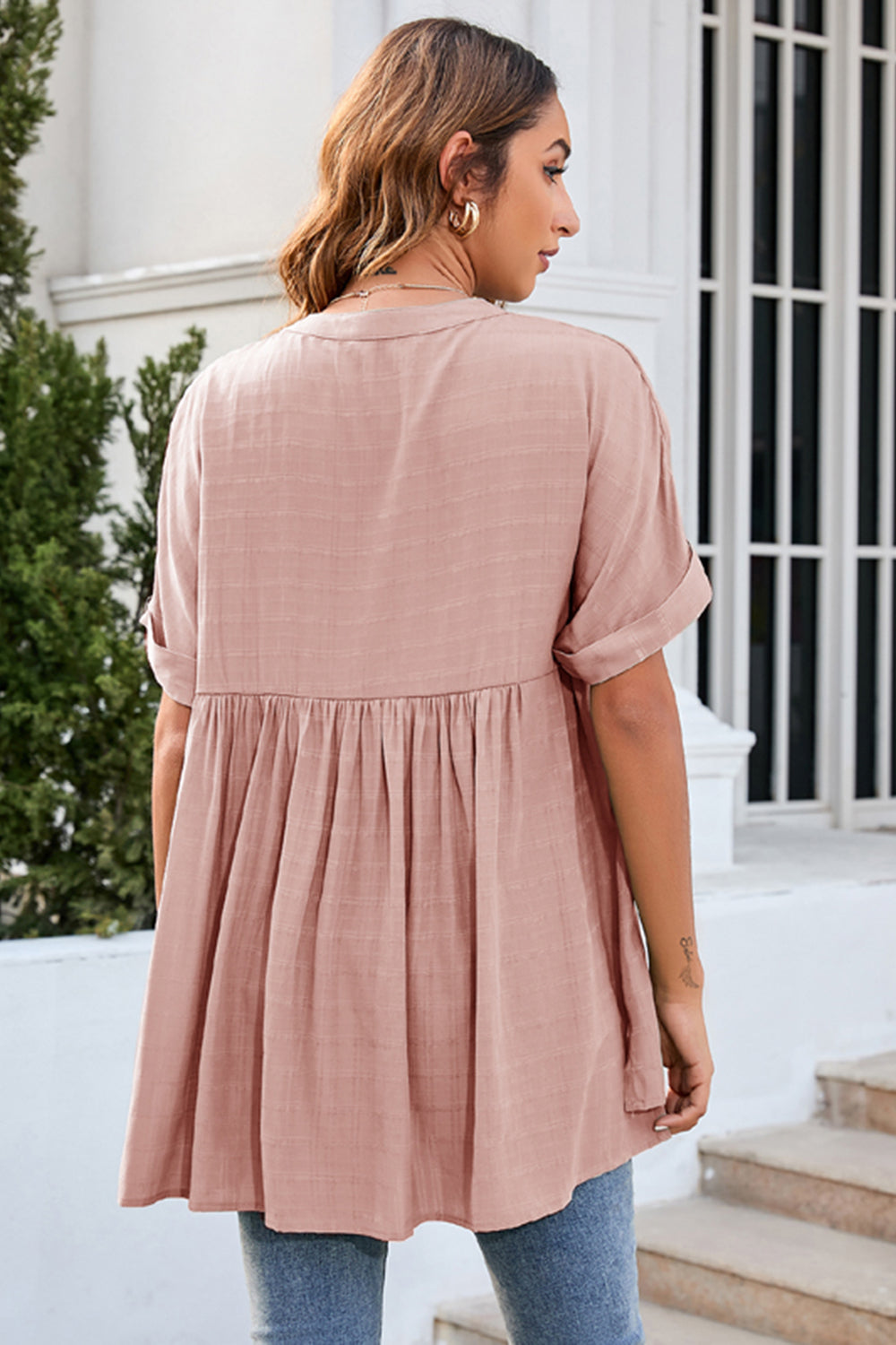 Ruched Notched Short Sleeve Blouse - The Goddess Galleries