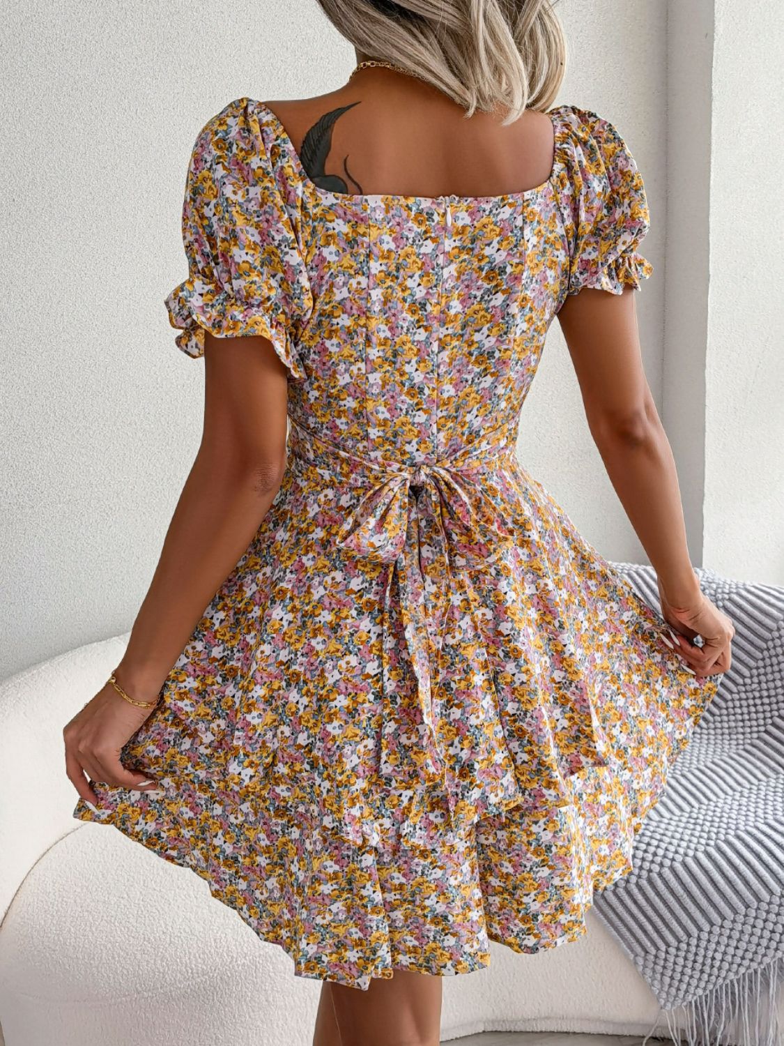 Floral Sweetheart Neck Flounce Sleeve Mini Dress - The Goddess Galleries