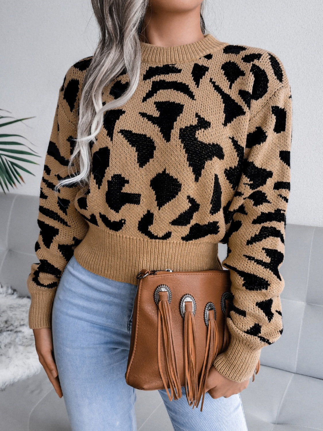 Leopard Round Neck Dropped Shoulder Sweater - The Goddess Galleries