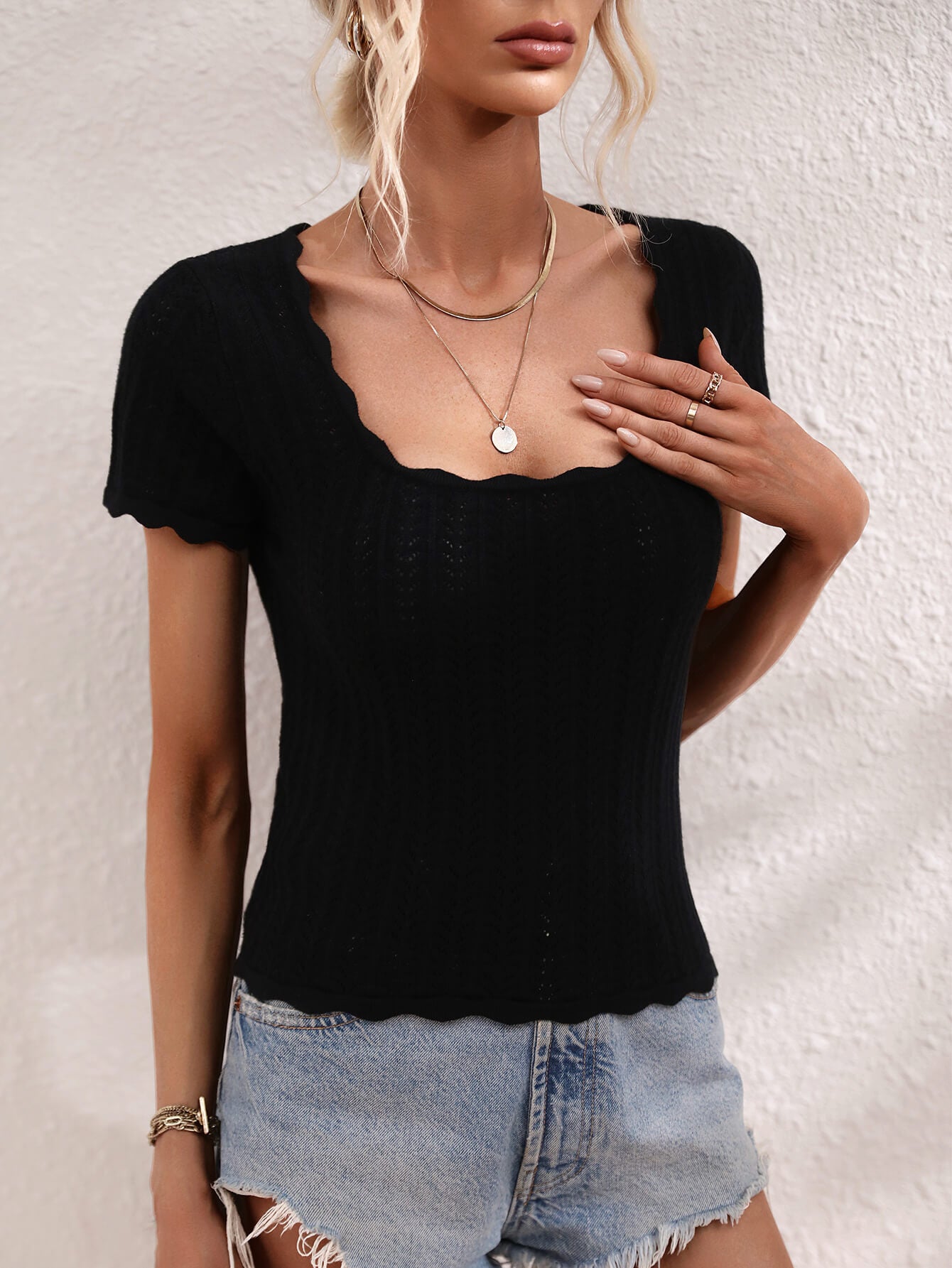 Scalloped Hem Square Neck Knit Top - The Goddess Galleries