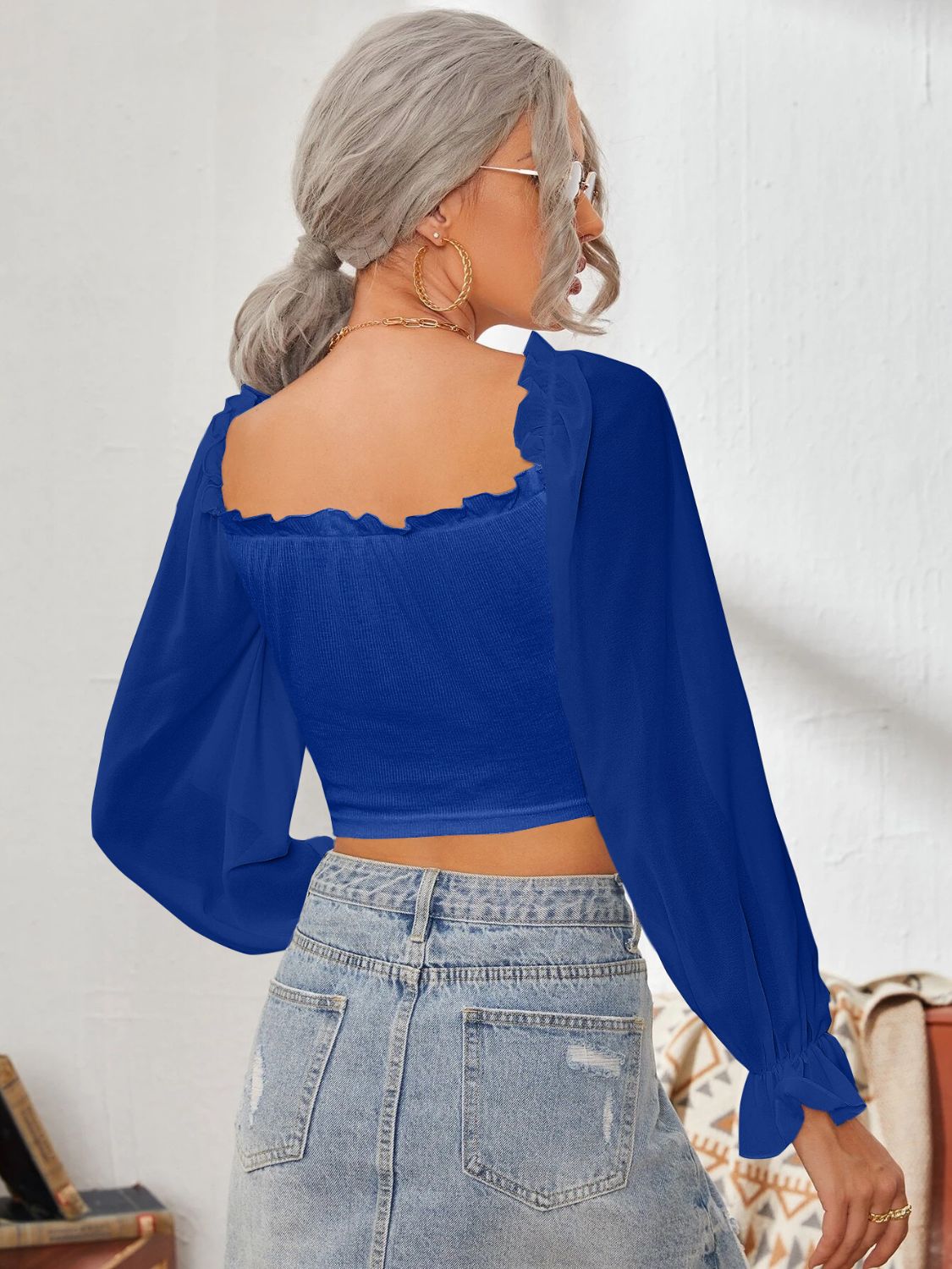 Mesh Sweetheart Neck Flounce Sleeve Top - The Goddess Galleries