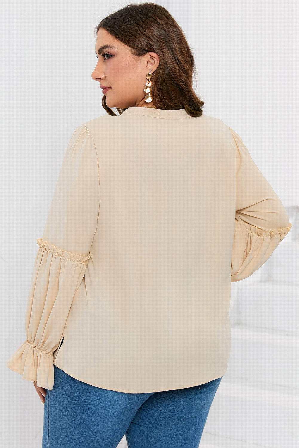 Plus Size Ruffled Tie Neck Flounce Sleeve Blouse - The Goddess Galleries