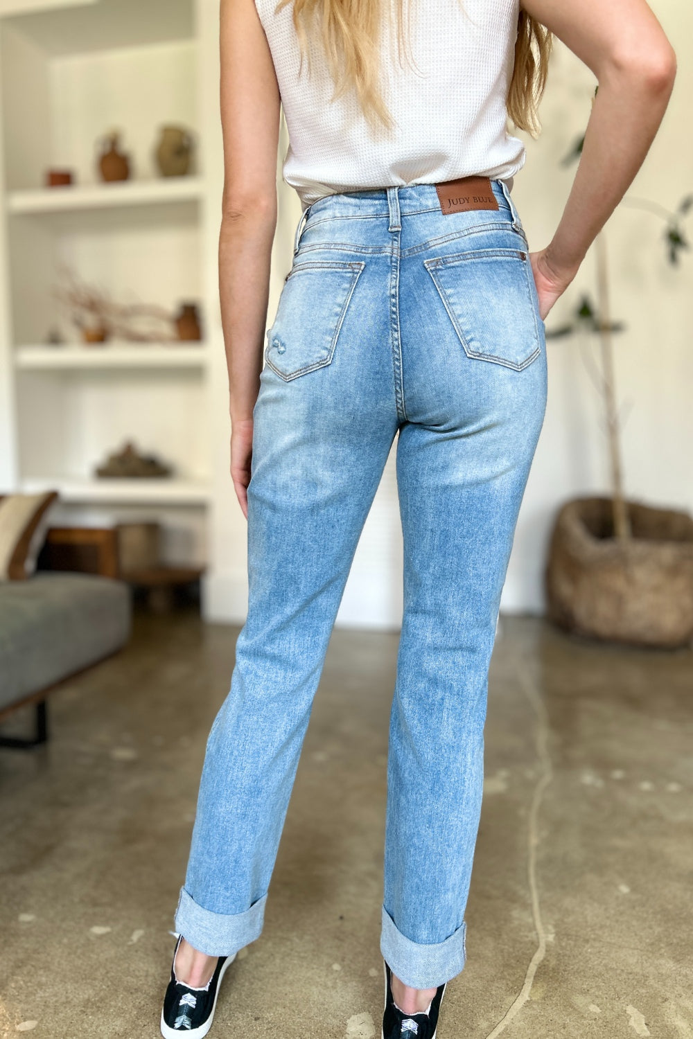 Judy Blue Full Size Distressed Straight Jeans with Patch Pockets - The Goddess Galleries