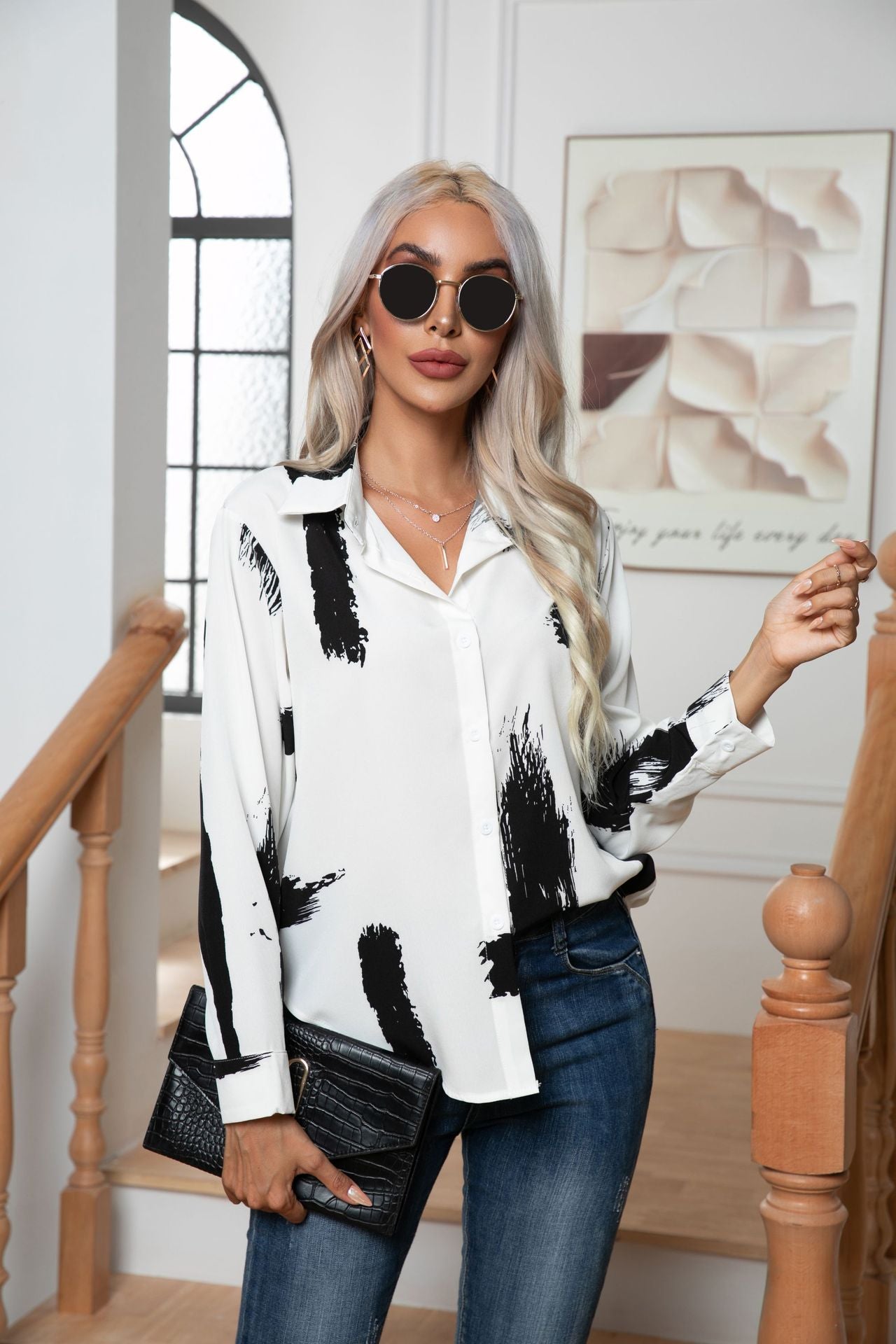 Button Down Printed Long Sleeve Shirt - The Goddess Galleries