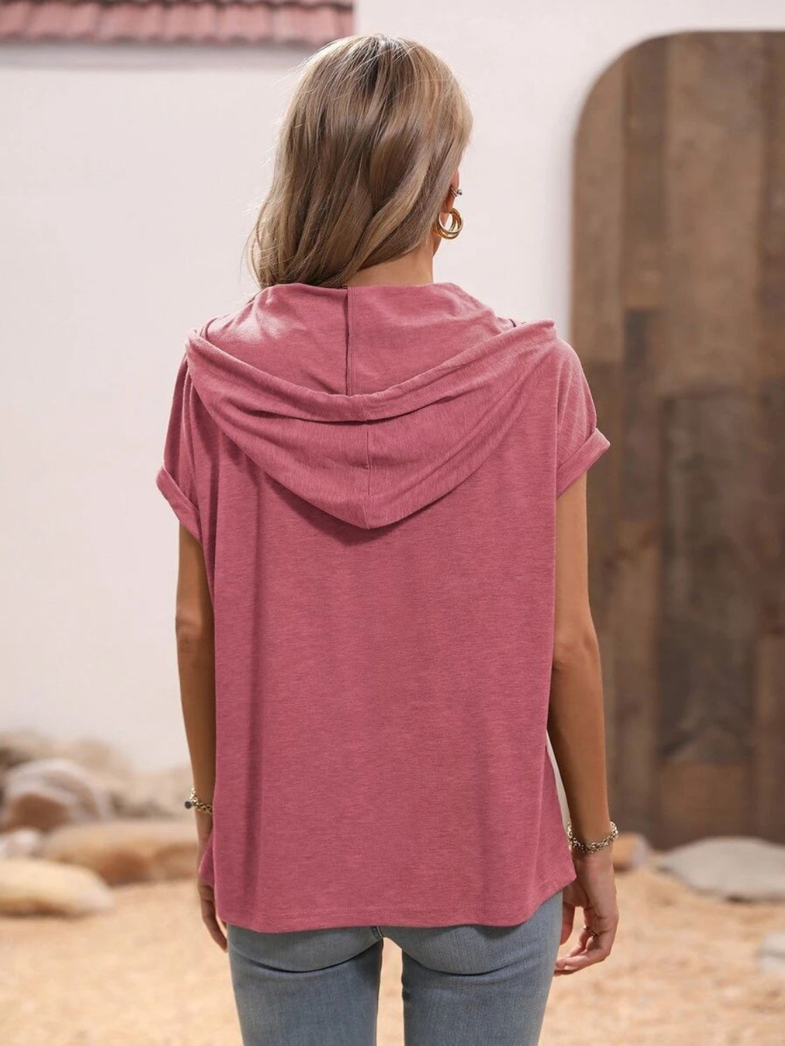 Half Button Hooded Short Sleeve Blouse - The Goddess Galleries