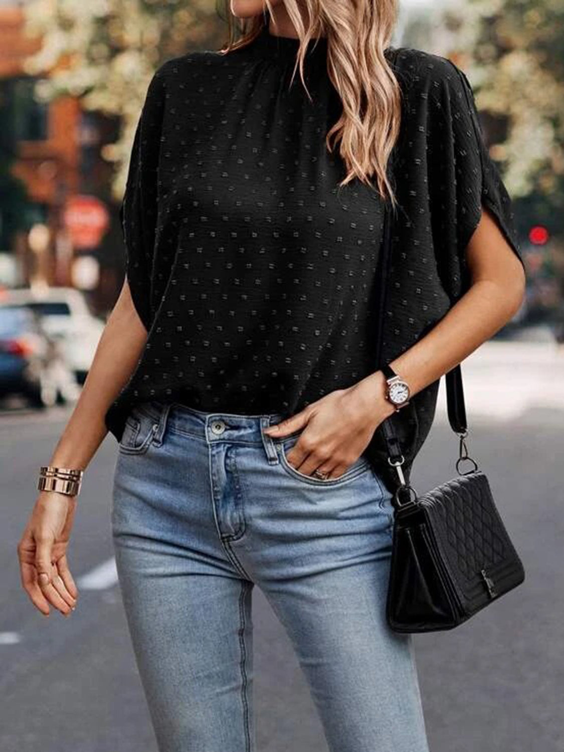 Swiss Dot Mock Neck Half Sleeve Blouse - The Goddess Galleries