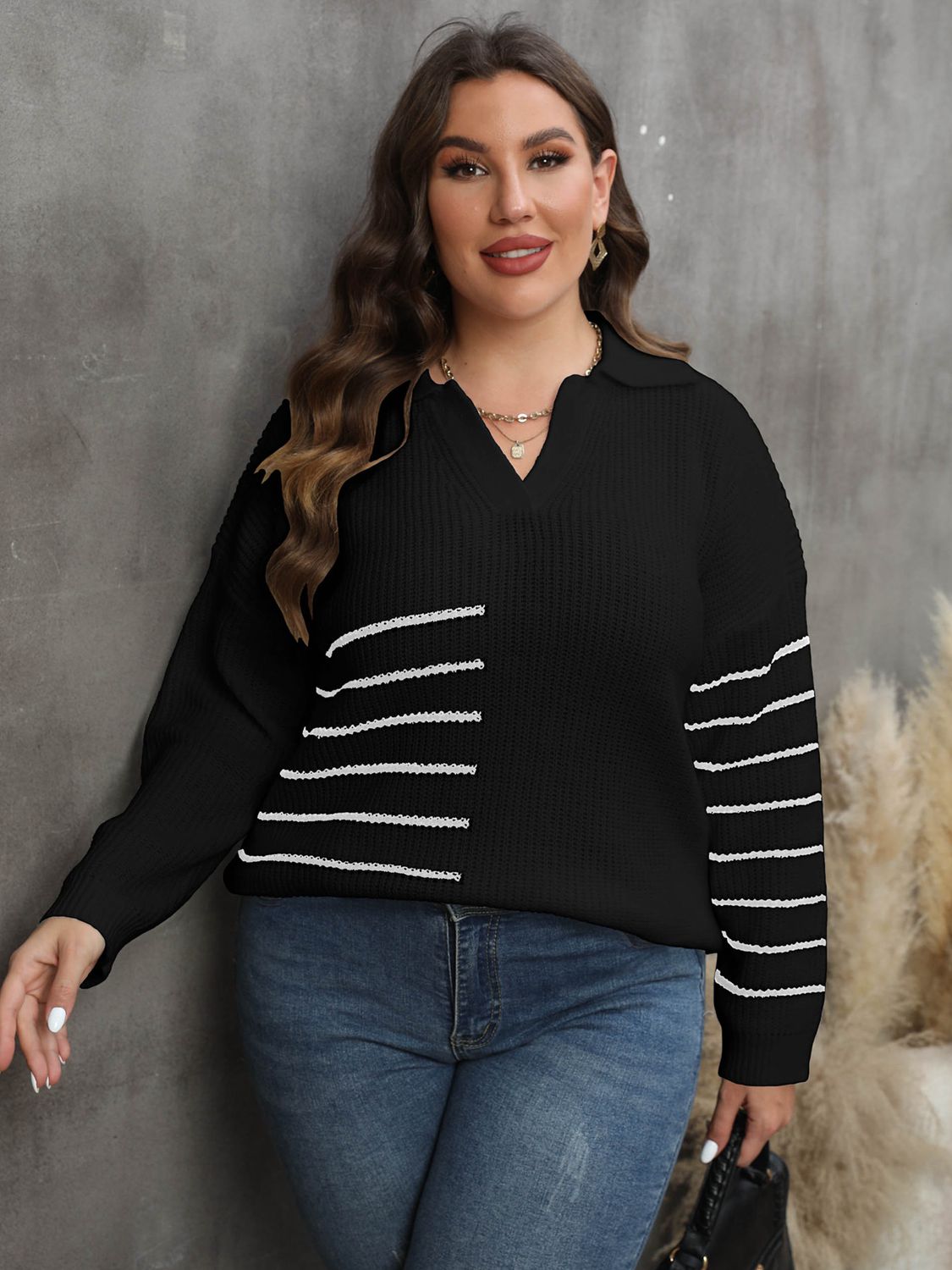 Plus Size Striped V-Neck Sweater - The Goddess Galleries