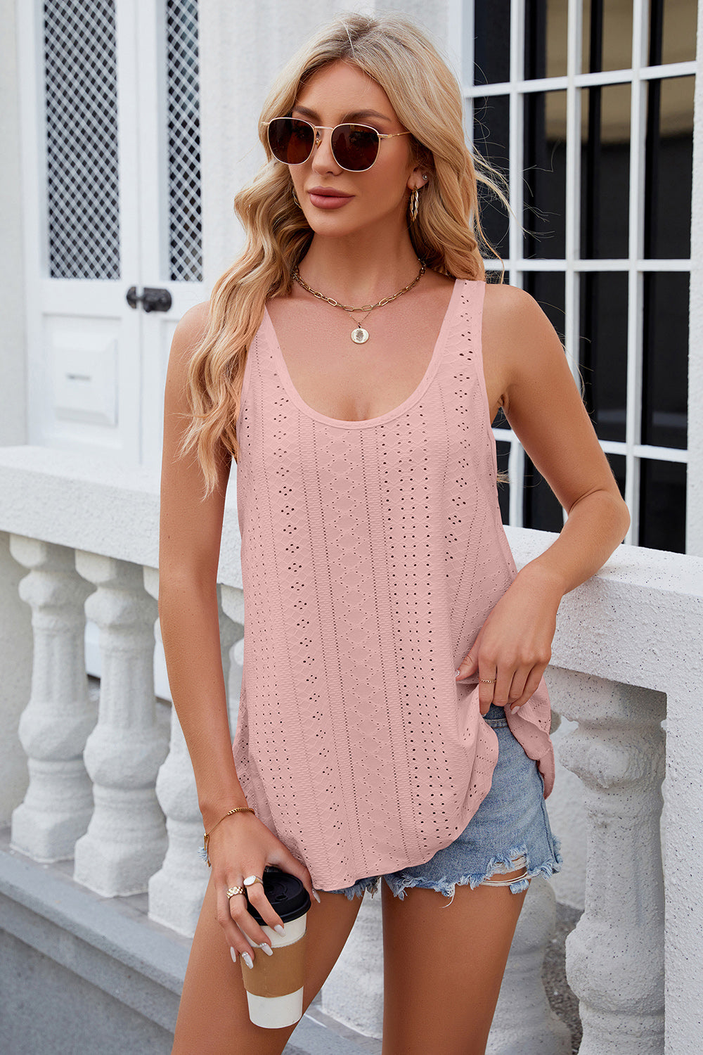Eyelet Scoop Neck Wide Strap Tank - The Goddess Galleries