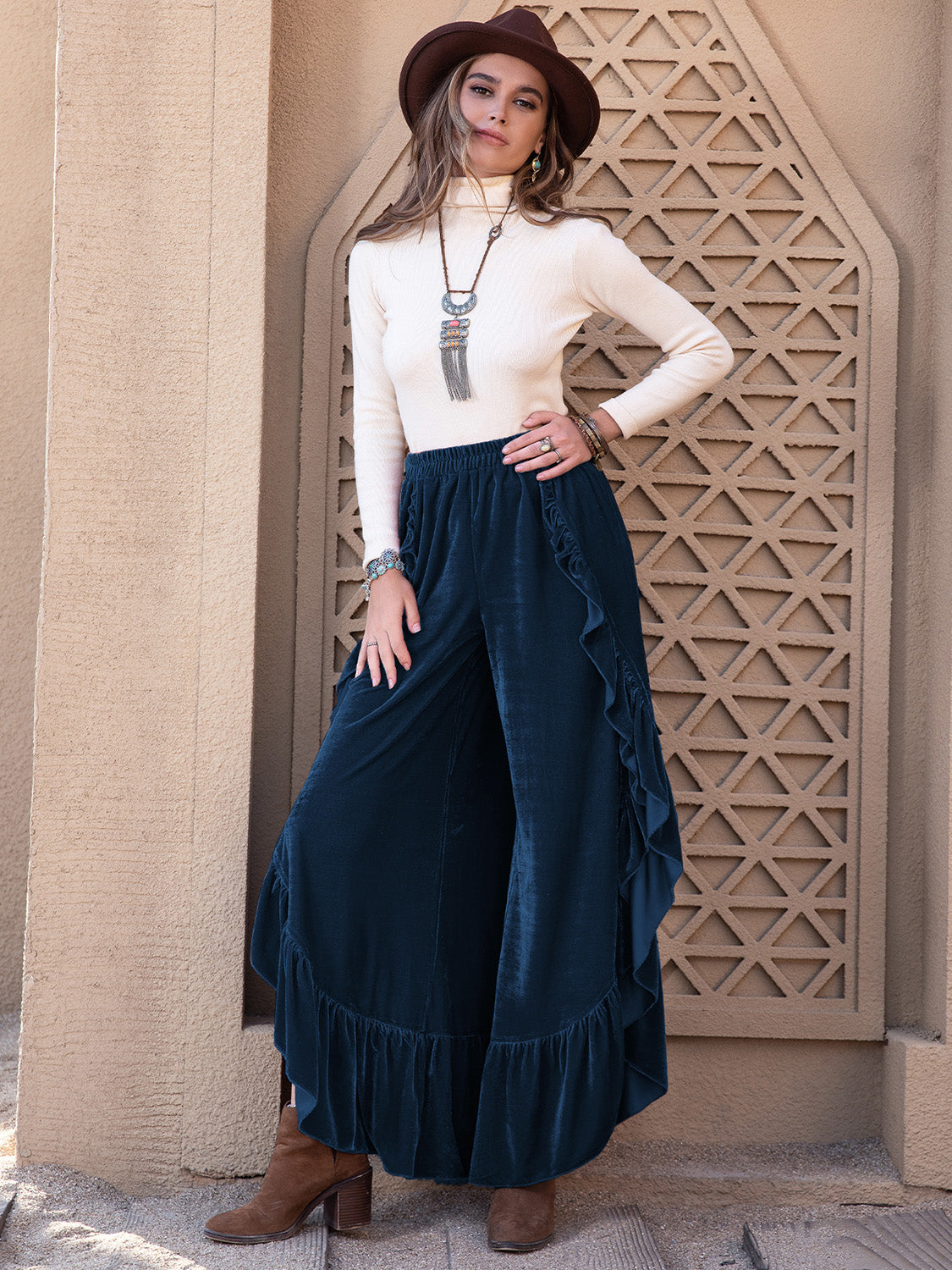 Slit Ruffled Wide Leg Pants - The Goddess Galleries