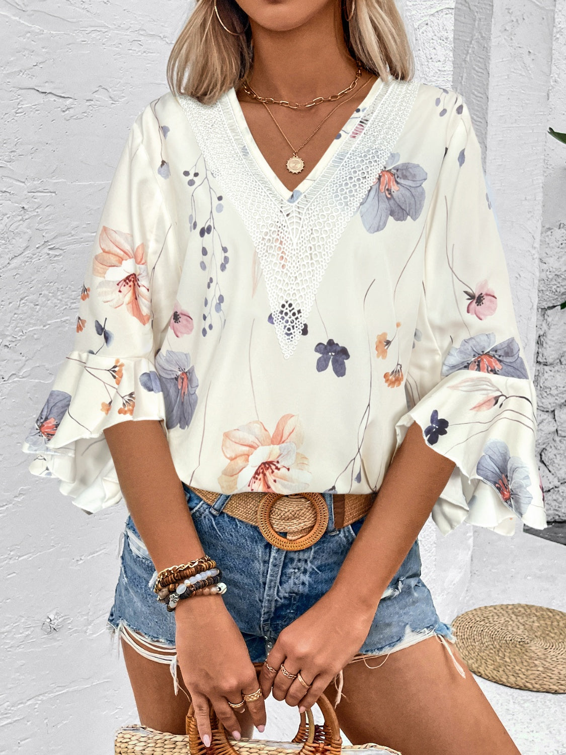 Honey Ruffled Printed V-Neck Half Sleeve Blouse - The Goddess Galleries