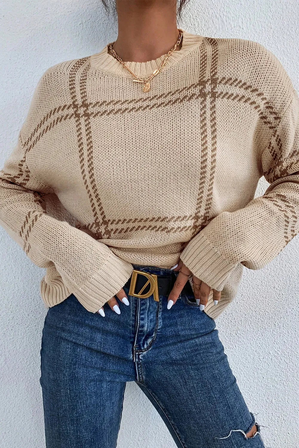Plaid Round Neck Dropped Shoulder Sweater - The Goddess Galleries