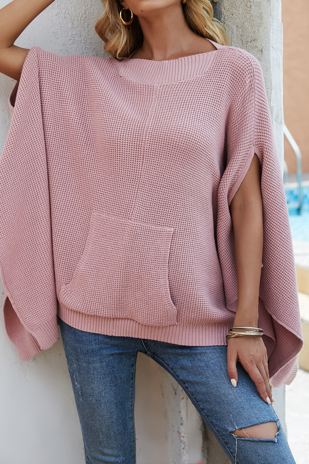 Waffle-Knit Pocketed Cape Sleeve Sweater - The Goddess Galleries
