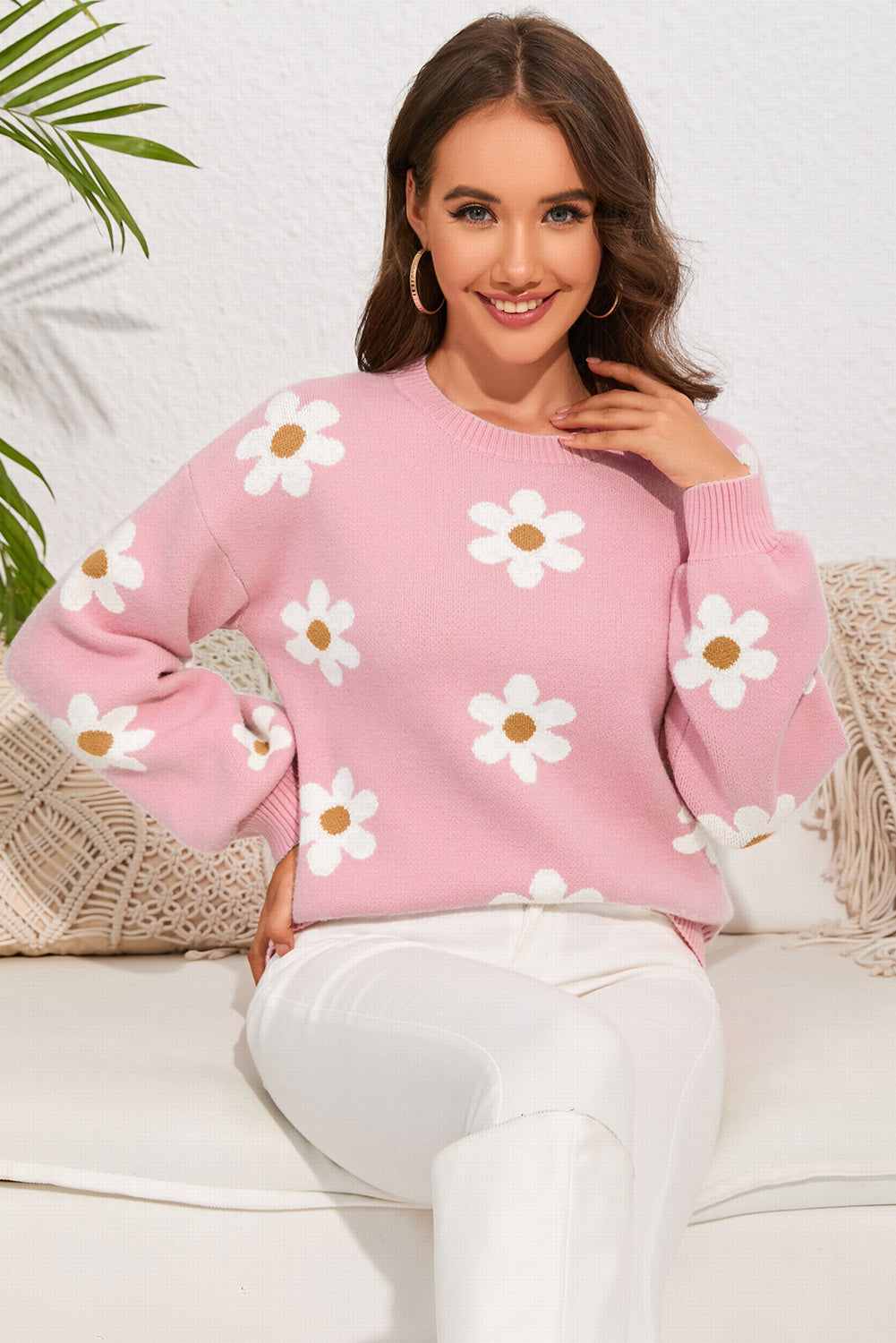 Flower Round Neck Dropped Shoulder Sweater - The Goddess Galleries