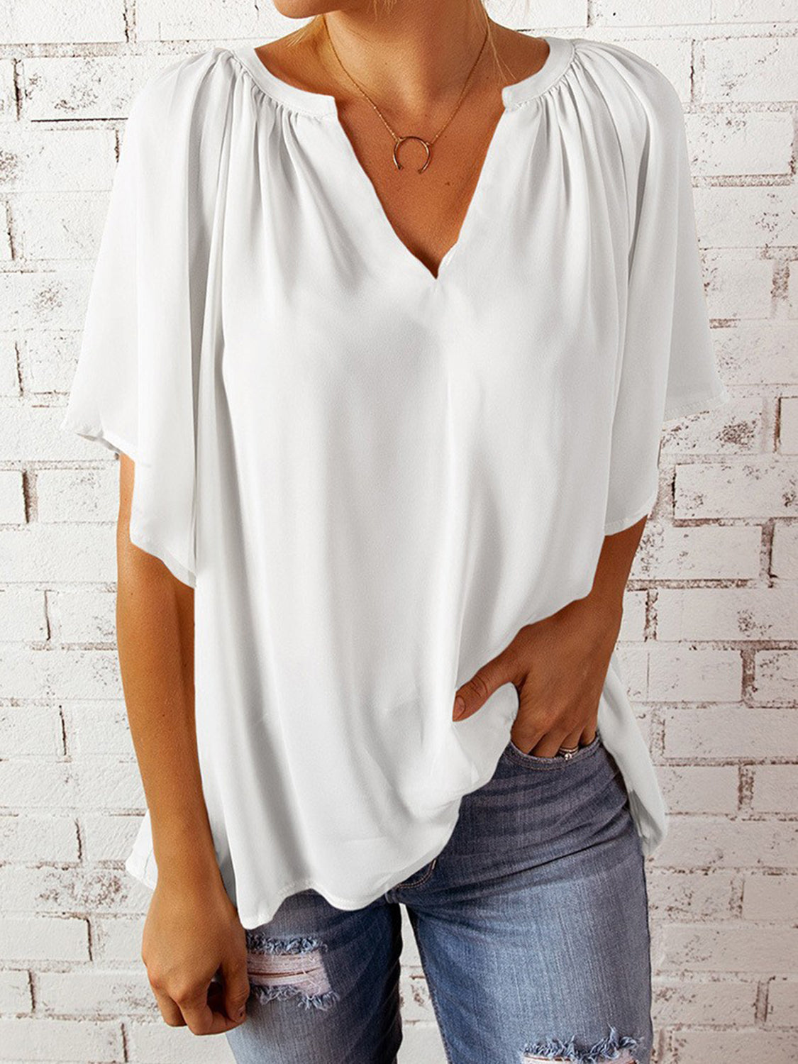 Ruched Notched Half Sleeve Blouse - The Goddess Galleries