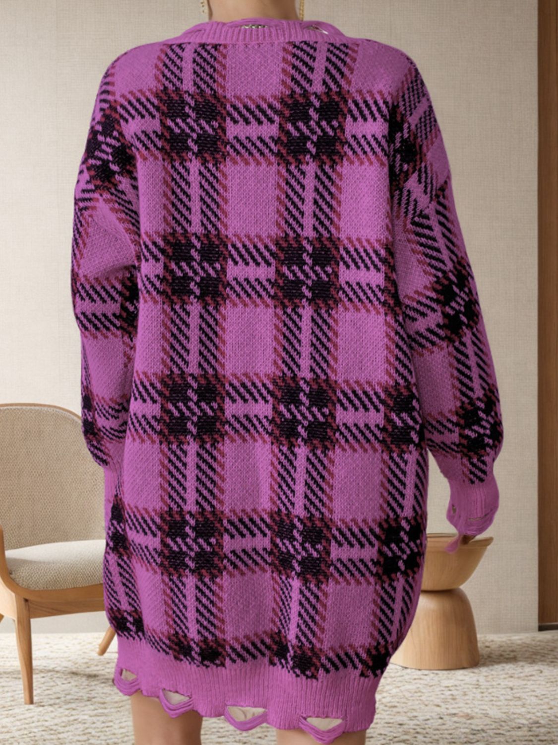 Distressed Plaid V-Neck Long Sleeve Sweater Dress - The Goddess Galleries