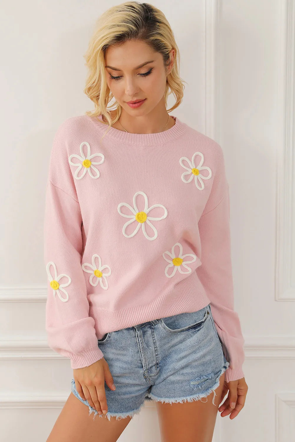 Flower Round Neck Dropped Shoulder Sweater - The Goddess Galleries