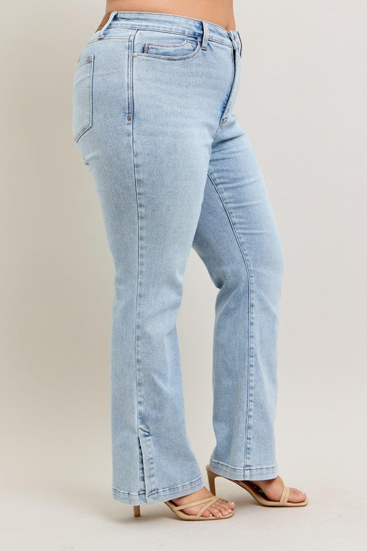 Judy Blue Full Size Tummy Control Vintage Wash Side Slit Slim Boot Jeans Plus Size - The Goddess Galleries