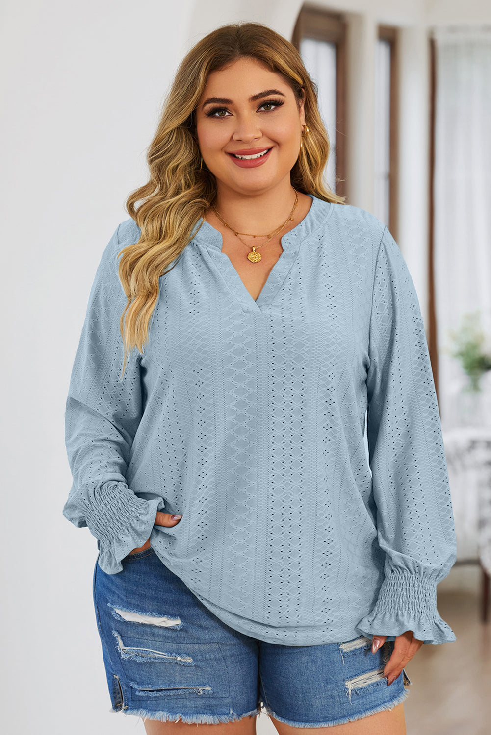 Plus Size Eyelet Notched Flounce Sleeve Blouse - The Goddess Galleries