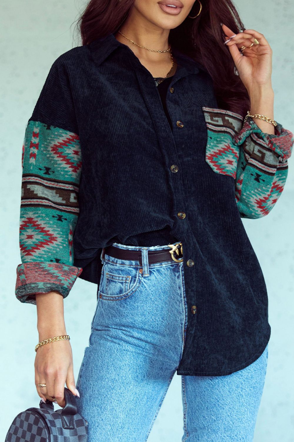 Pocketed Geometric Collared Neck Shacket - The Goddess Galleries