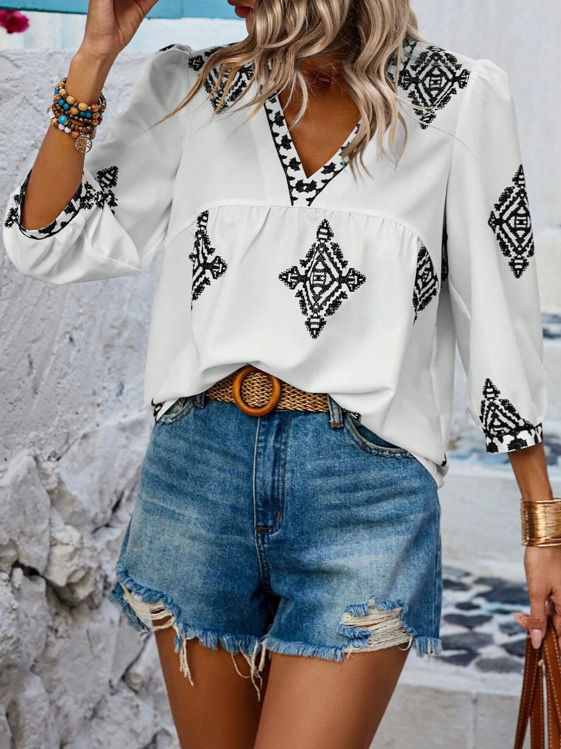 Printed V-Neck Three-Quarter Sleeve Blouse - The Goddess Galleries