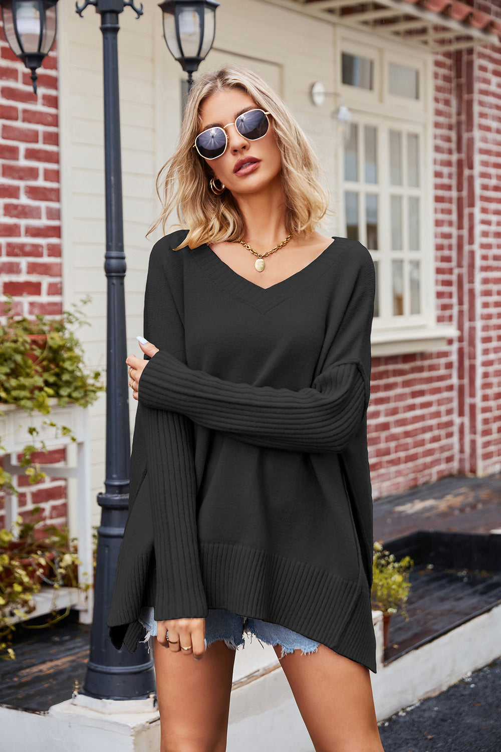 Slit V-Neck Dropped Shoulder Sweater - The Goddess Galleries