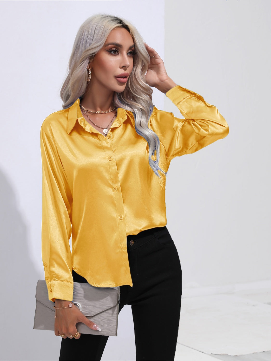 Collared Neck Buttoned Long Sleeve Shirt - The Goddess Galleries