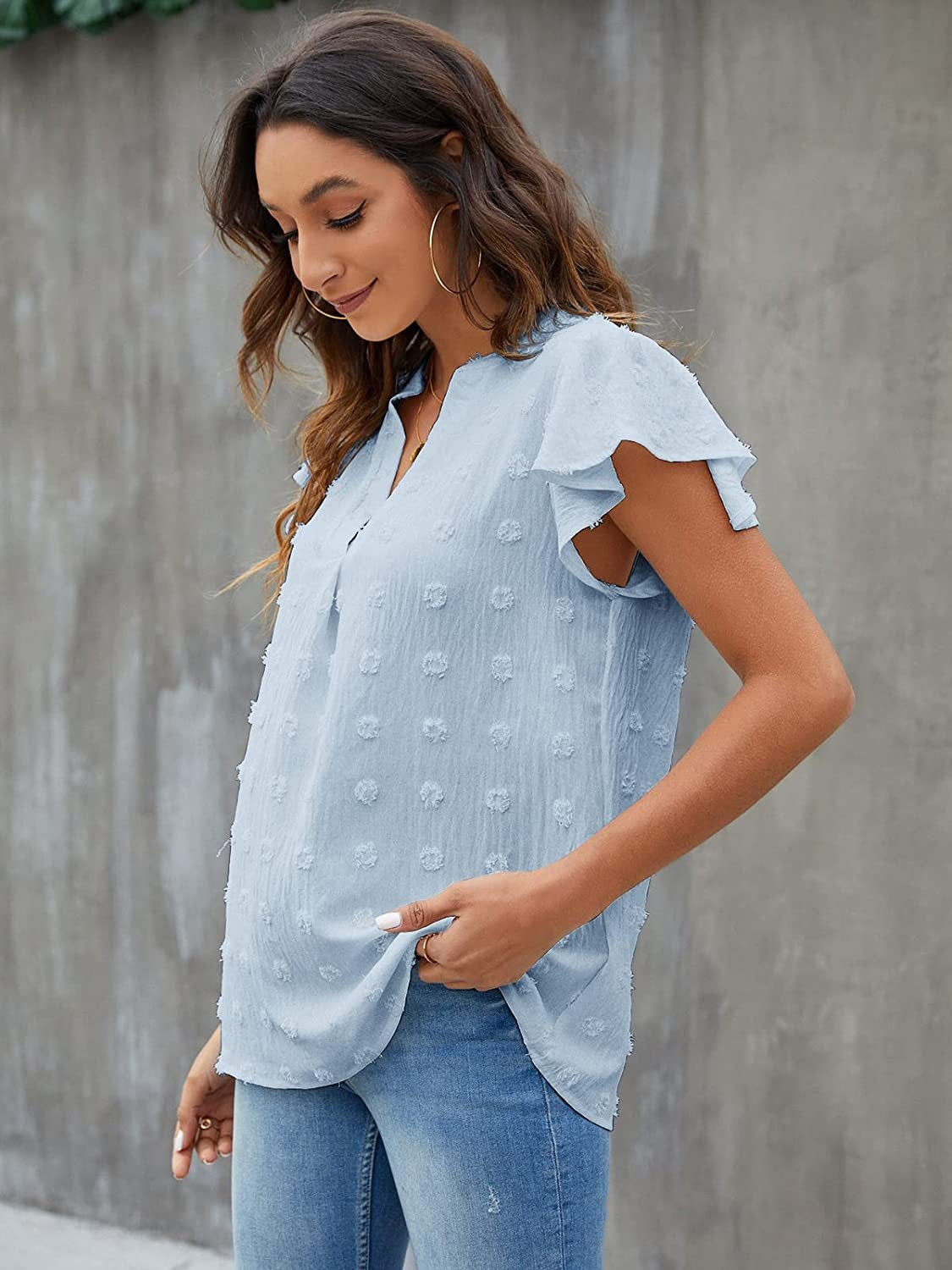 Swiss Dot Notched Flutter Sleeve Blouse - The Goddess Galleries