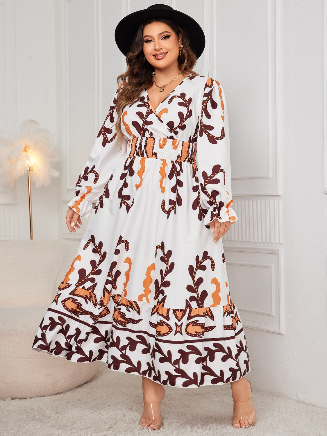 Honey Plus Size Printed Surplice Flounce Sleeve Dress - The Goddess Galleries