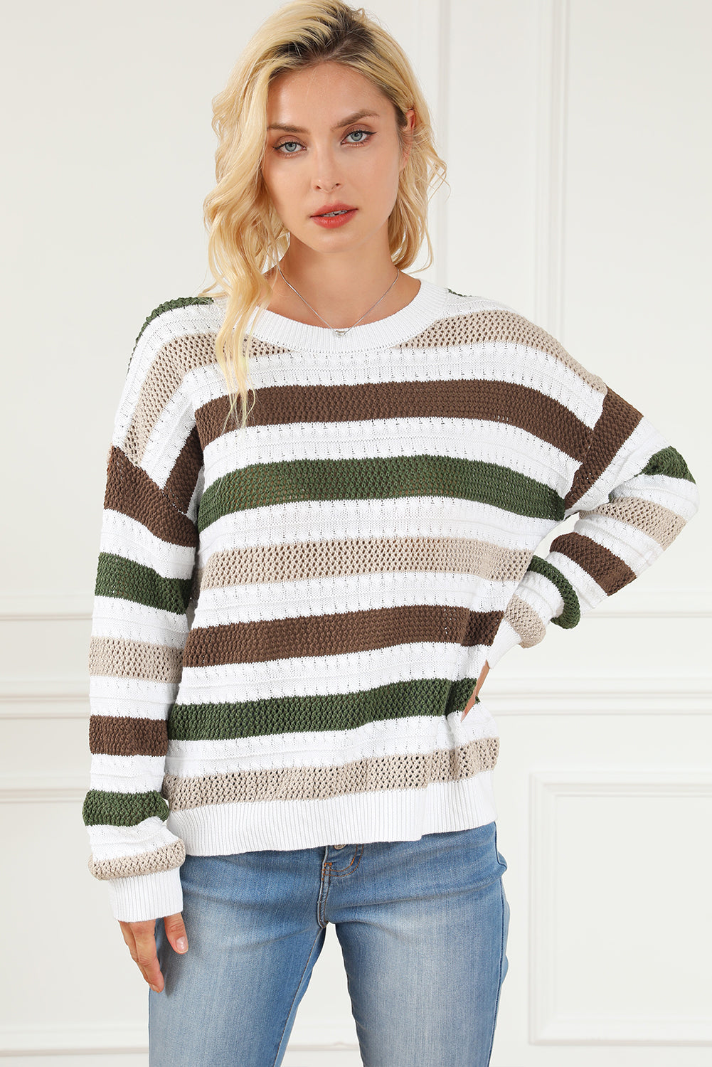 Striped Openwork Dropped Shoulder Sweater - The Goddess Galleries