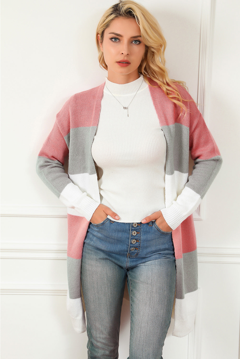 Striped Open Front Long Sleeve Cardigan - The Goddess Galleries