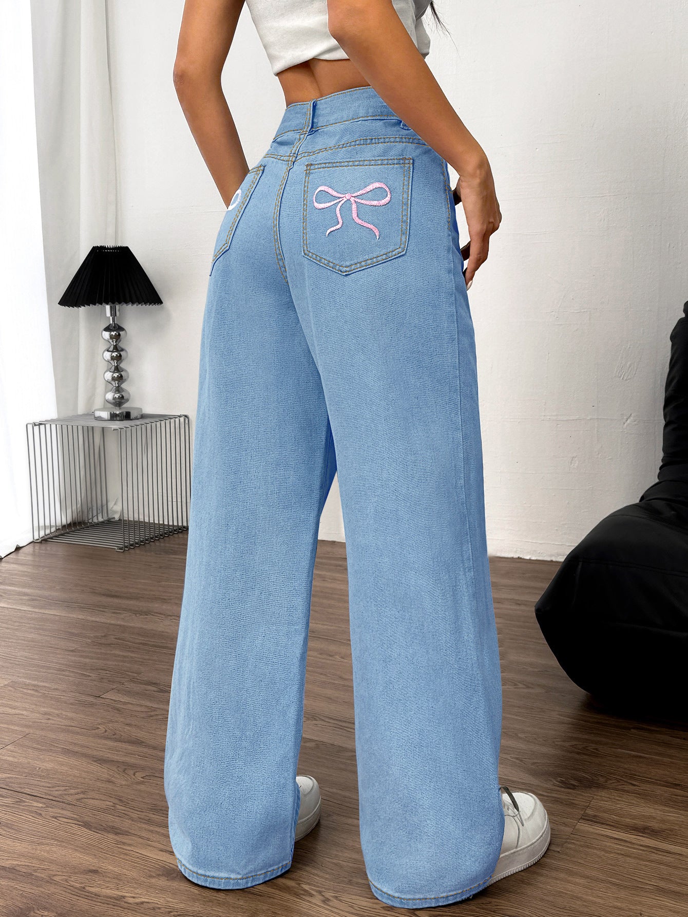 Embroidered Bow Back Wide Leg Jeans - The Goddess Galleries